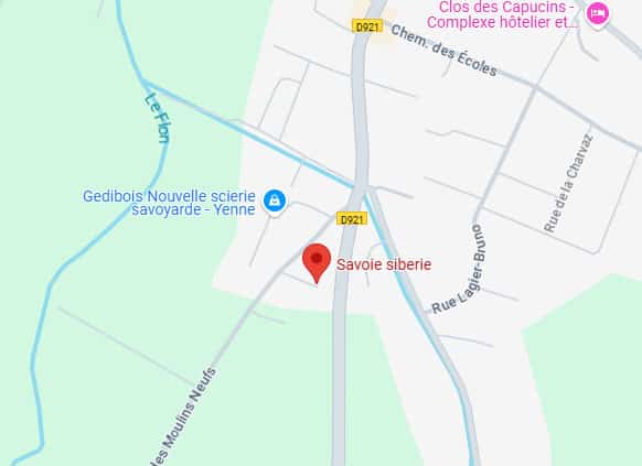 Savoie siberie Yenne : carte détaillée Carte Google Maps centrée sur Savoie siberie à Yenne, près de la scierie Gedibois et de la D921. Rivière Le Flon visible.